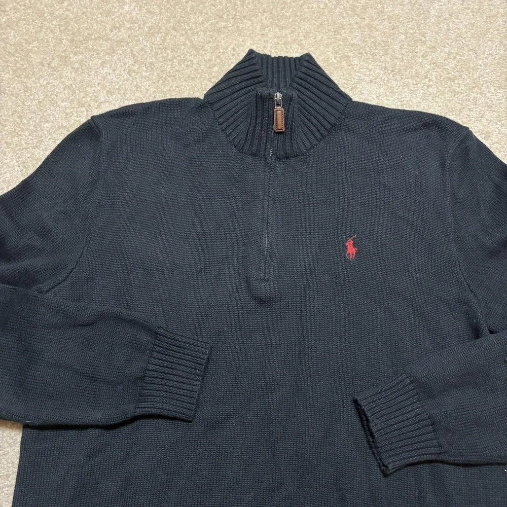 Vtg Polo By Ralph Lauren Sweater Mens Medium Black Waffle Knit 1/4 Zip Mock Neck